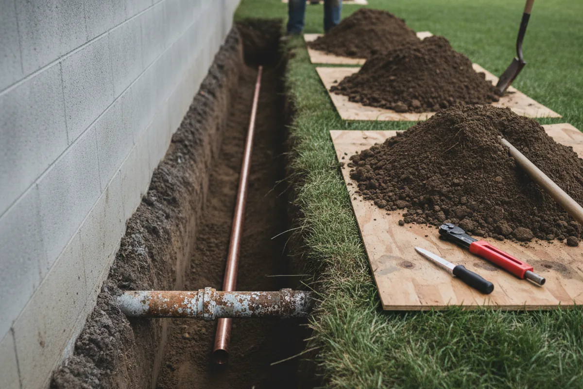 Excavated water line trench during Sewer Line Repair in Nescopeck